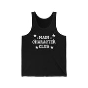 Black tank top with 'MAIN CHARACTER CLUB' text and stars on a white background