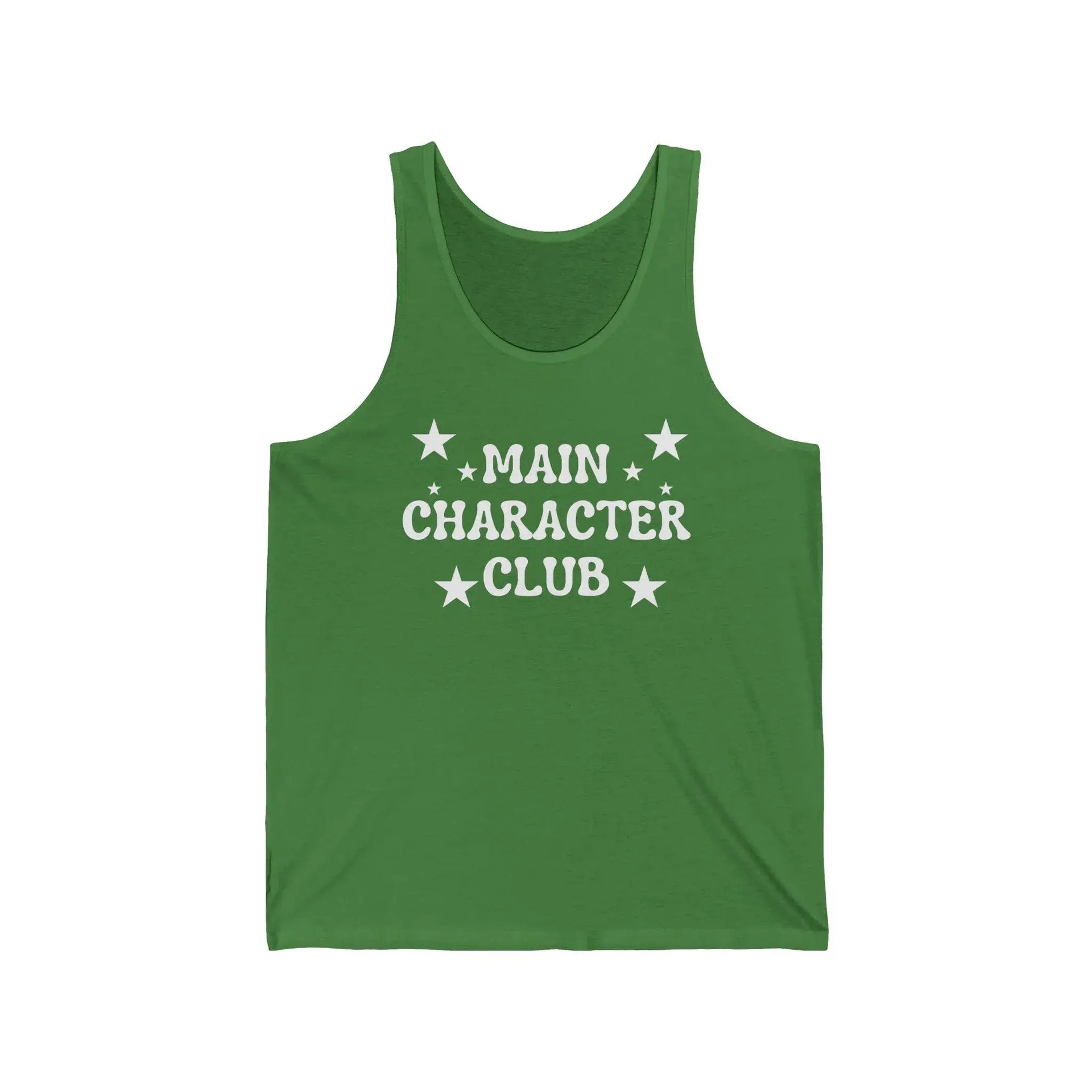Green tank top with 'Main Character Club' text on a white background