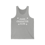 Gray tank top with 'MAIN CHARACTER CLUB' text and stars on a white background