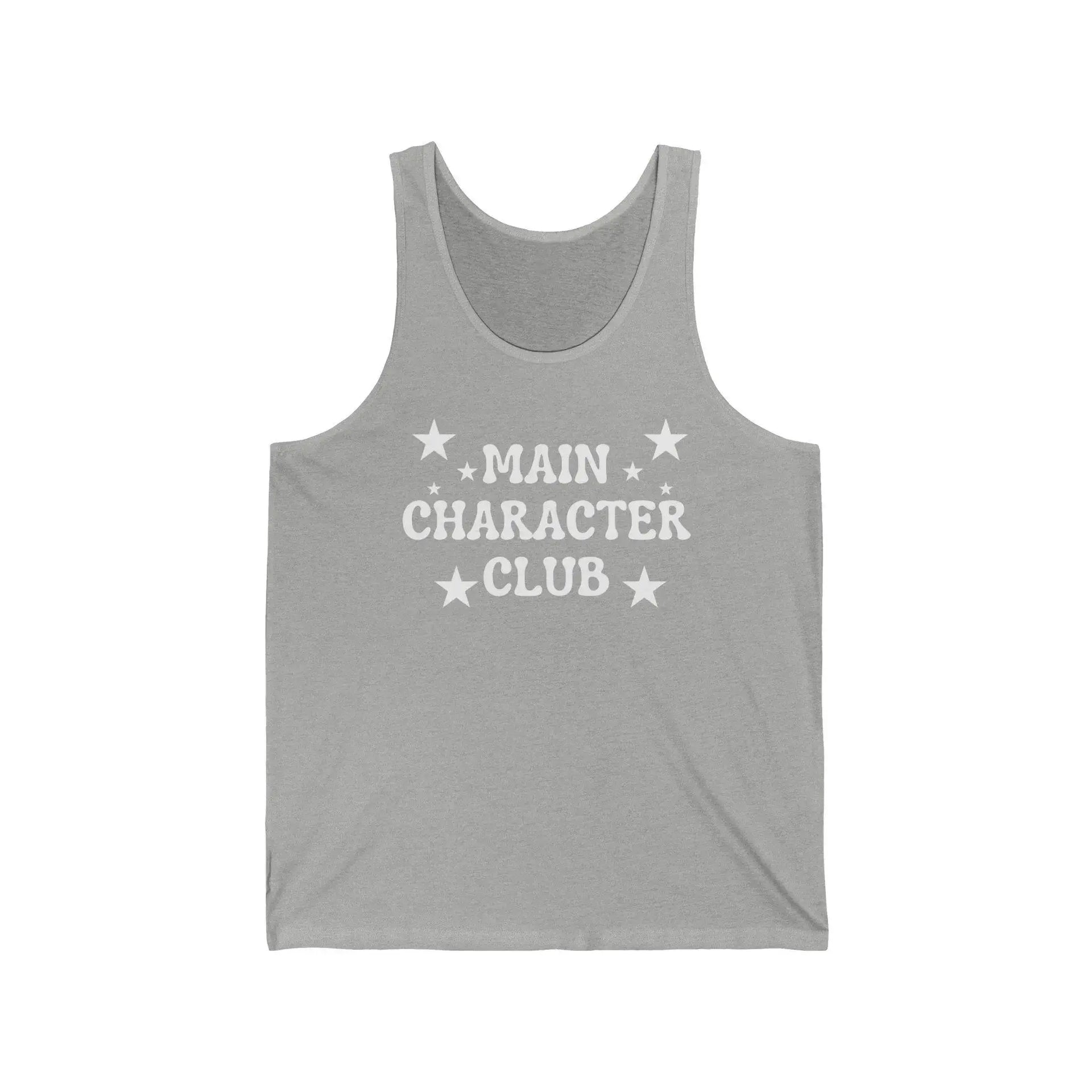 Gray tank top with 'MAIN CHARACTER CLUB' text and stars on a white background