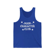 Blue tank top with 'Main Character Club' text and stars on a white background
