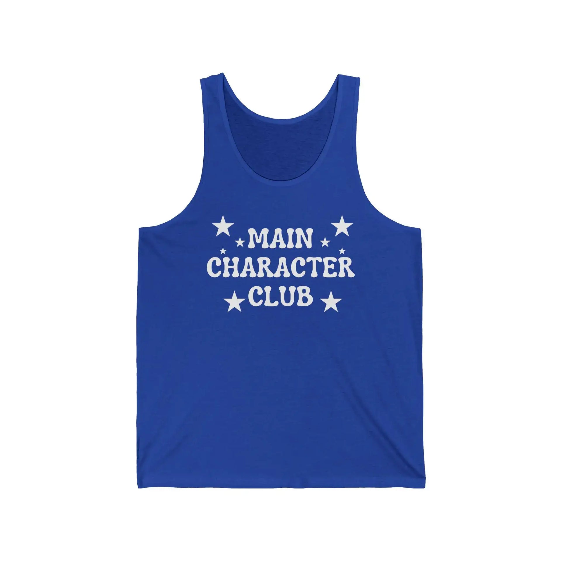 Blue tank top with 'Main Character Club' text and stars on a white background