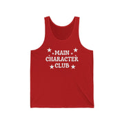 Red tank top with 'Main Character Club' text and stars on a white background