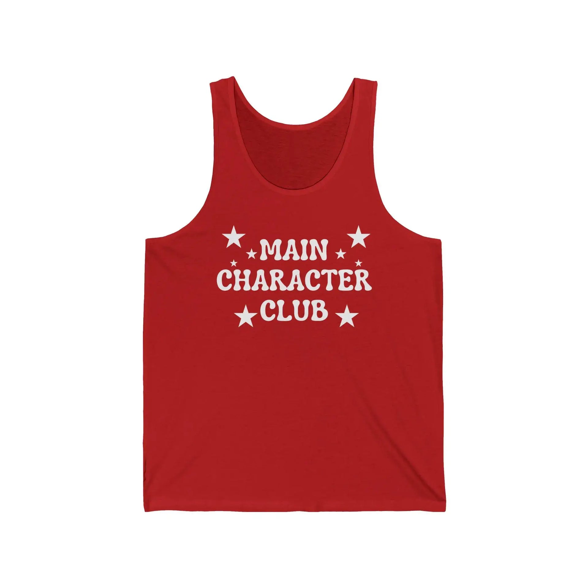 Red tank top with 'Main Character Club' text and stars on a white background