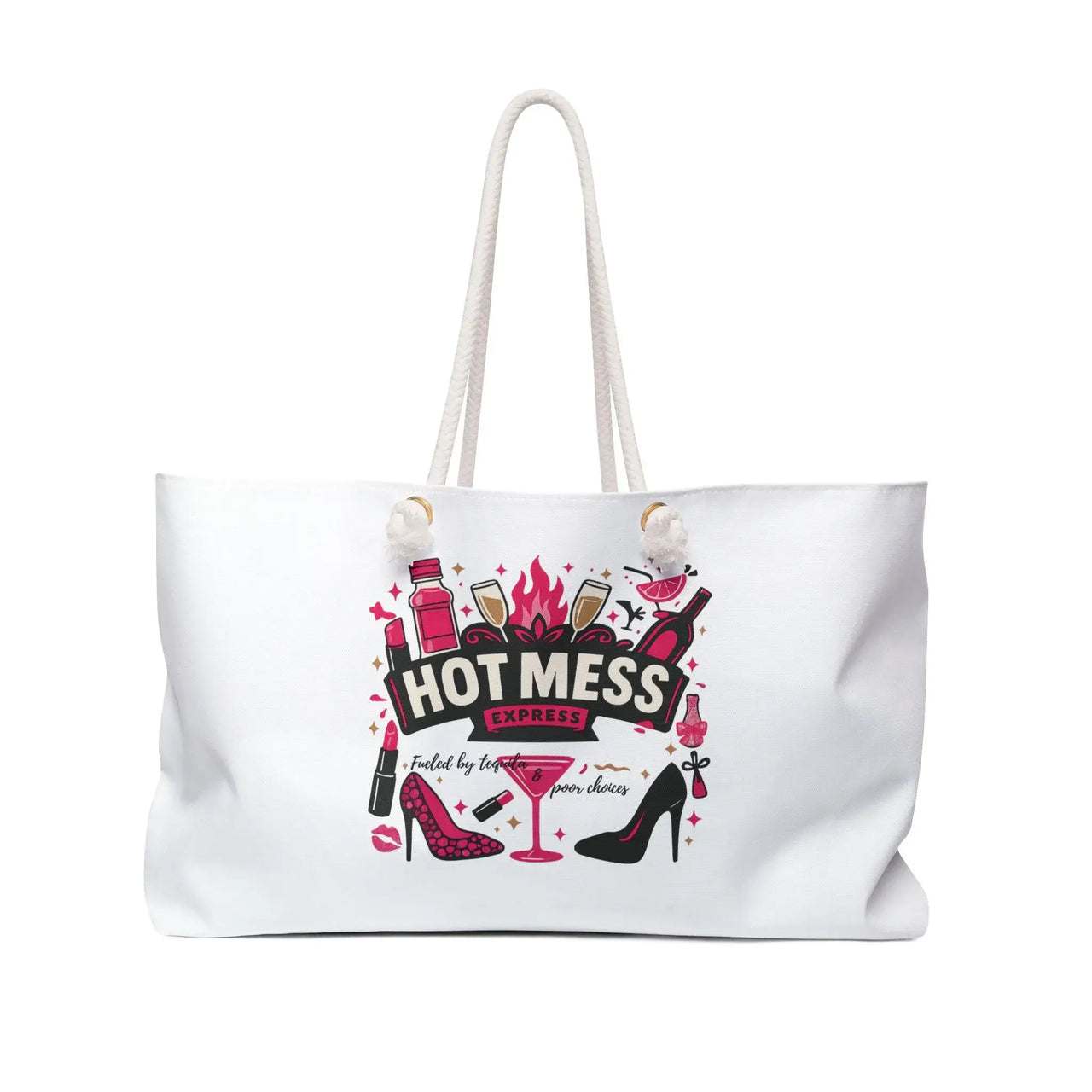White tote bag with 'Hot Mess' graphic design on a white background