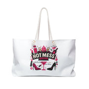 White tote bag with 'Hot Mess' graphic design on a white background
