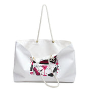 White tote bag with fashion-themed illustrations on a white background
