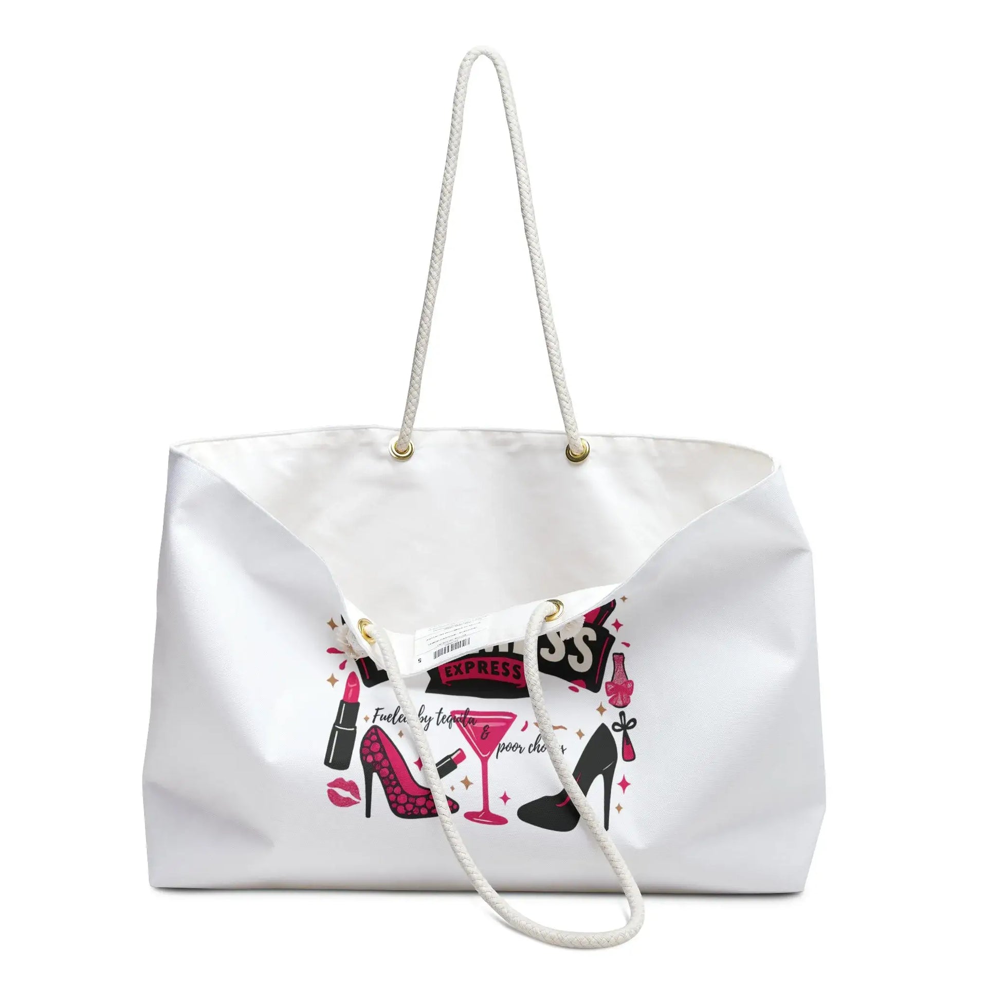 White tote bag with fashion-themed illustrations on a white background