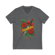Gray t-shirt with a decorative design of roses and a sword on a white background
