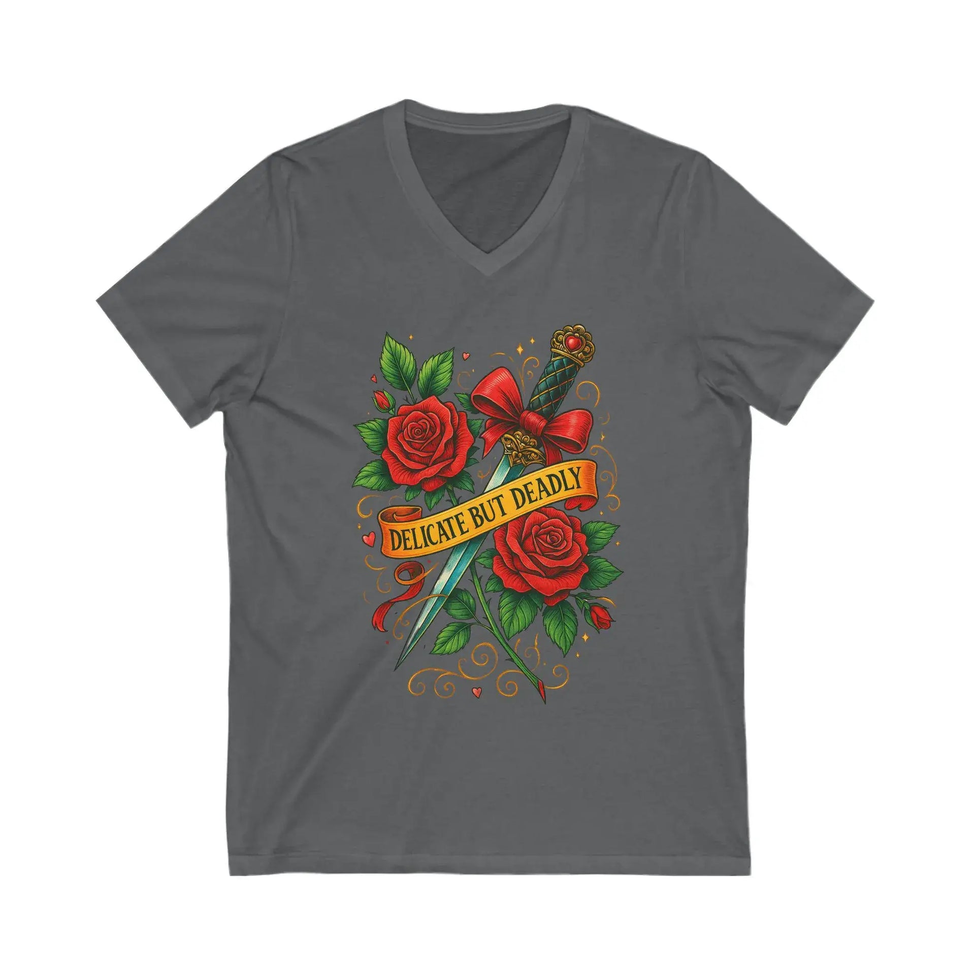 Gray t-shirt with a decorative design of roses and a sword on a white background