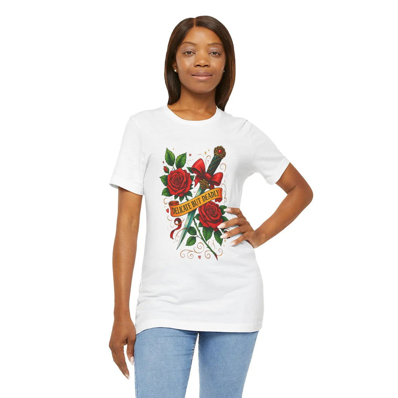 Woman wearing a white t-shirt with roses and text design on a white background