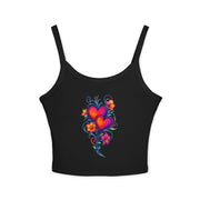 Black tank top with a colorful heart design on a white background