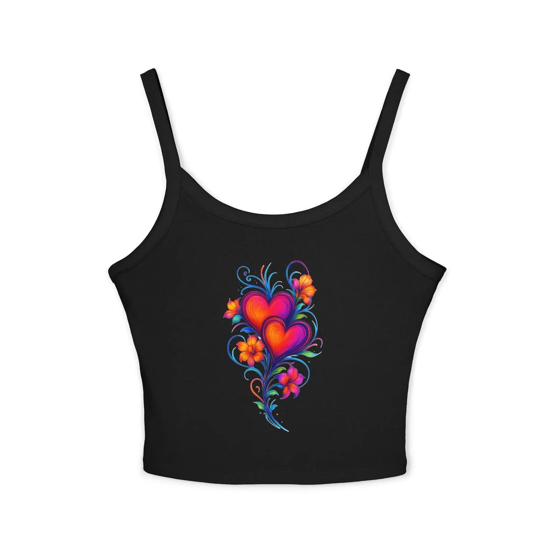 Black tank top with a colorful heart design on a white background