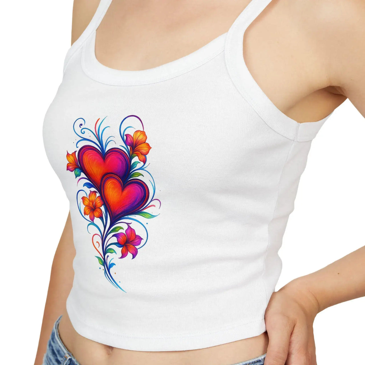 White tank top with colorful heart design on a white background