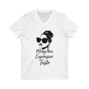 White t-shirt with a graphic of a woman with messy hair and sunglasses, and text 'Messy Hair Expensive Taste' on a white background.