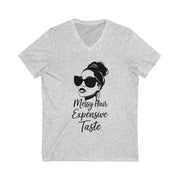 Gray t-shirt with a graphic of a woman with messy hair and sunglasses and text 'Messy Hair Expensive Taste' on a white background.