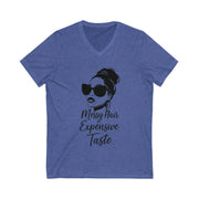 Blue t-shirt with a graphic of a woman's face and text 'Messy Hair Expensive Taste' on a white background