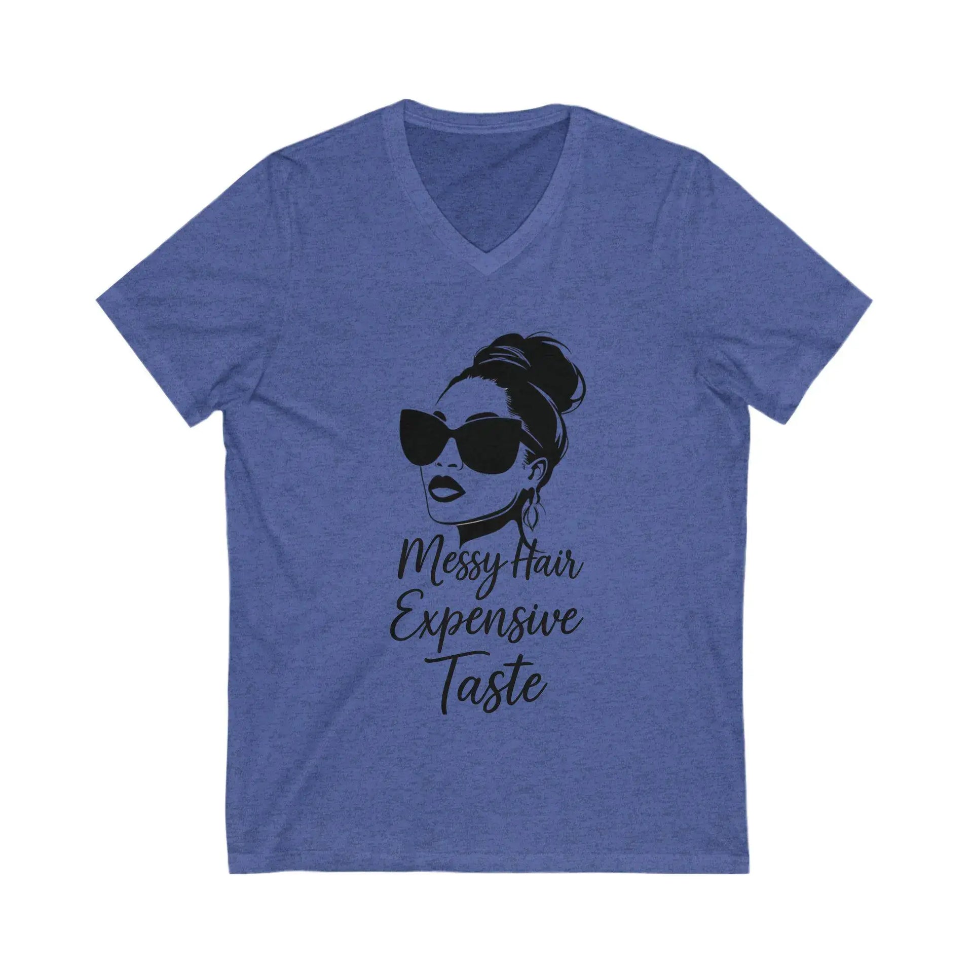 Blue t-shirt with a graphic of a woman's face and text 'Messy Hair Expensive Taste' on a white background
