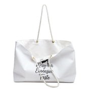 White tote bag with text on a white background