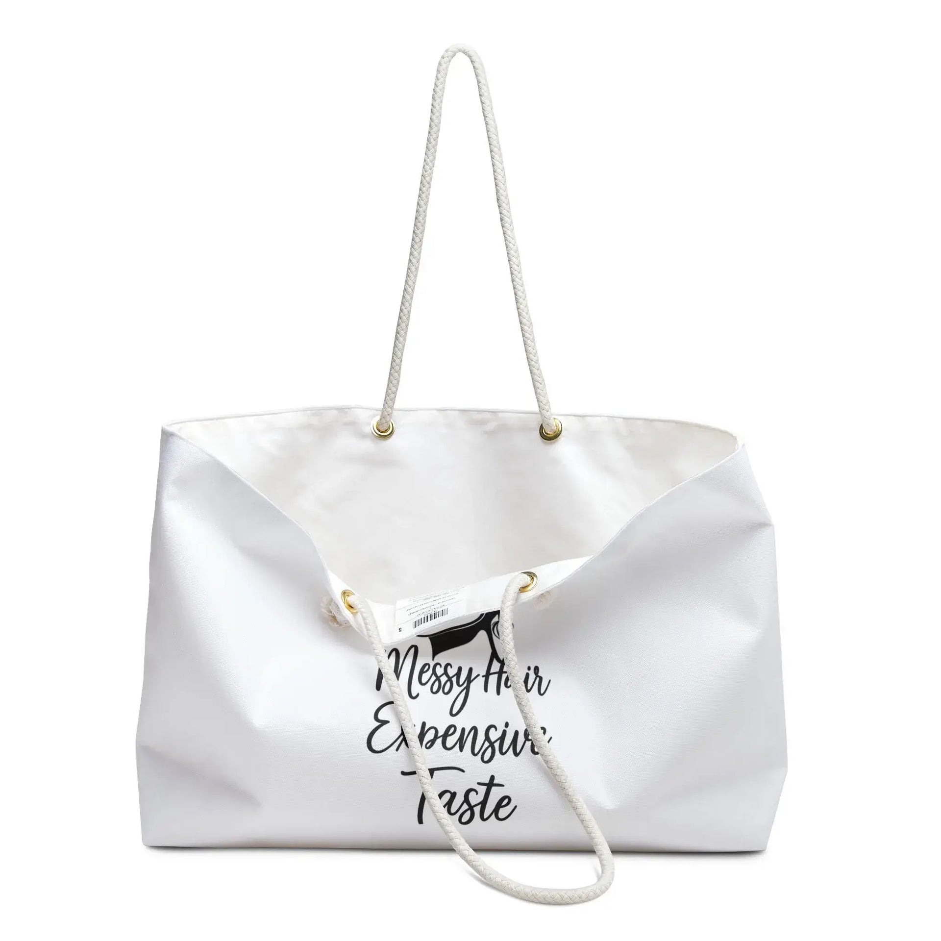 White tote bag with text on a white background
