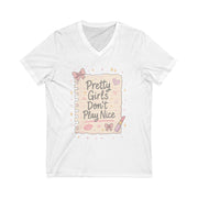 White t-shirt with 'Pretty Girls Don't Play Nice' graphic design on a white background