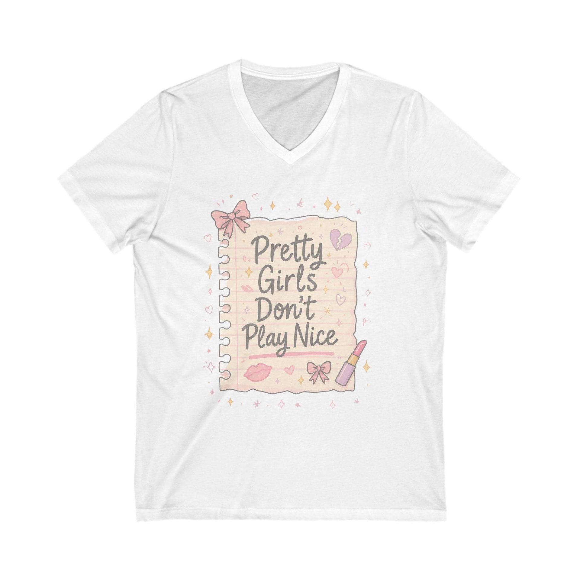 White t-shirt with 'Pretty Girls Don't Play Nice' graphic design on a white background