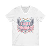 White t-shirt with a graphic design featuring wings, a heart, and text on a white background