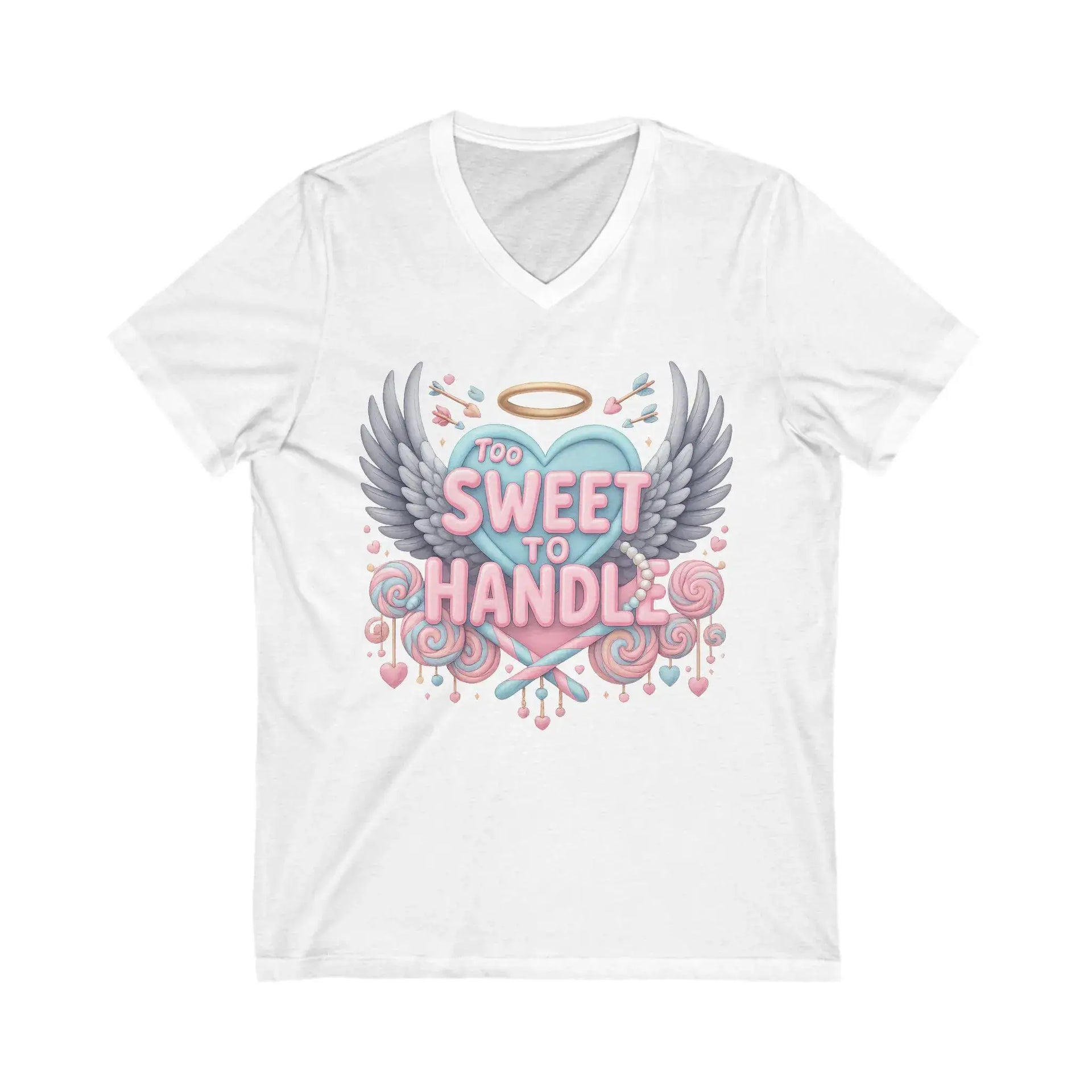 White t-shirt with a graphic design featuring wings, a heart, and text on a white background