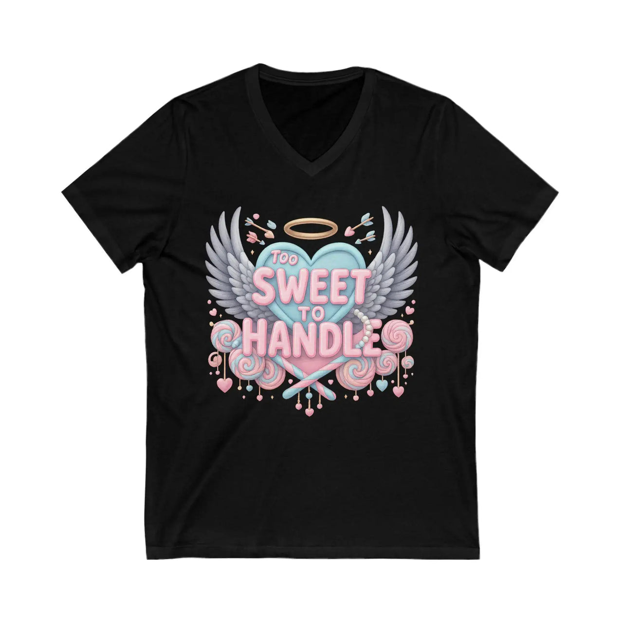 Black t-shirt with a colorful graphic design on a white background