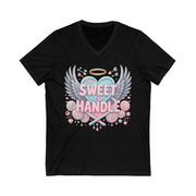 Black t-shirt with a colorful graphic design on a white background