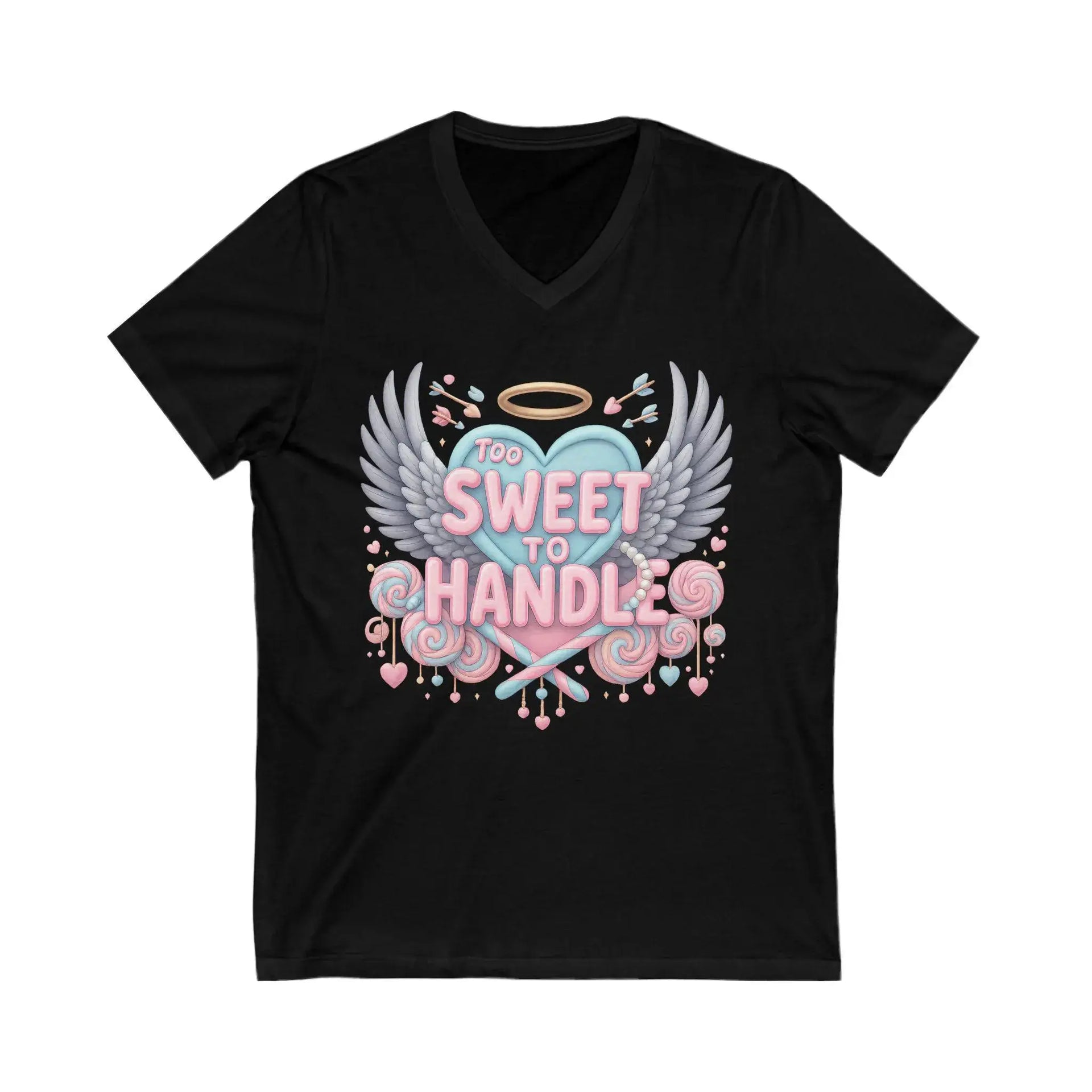 Black t-shirt with a colorful graphic design on a white background