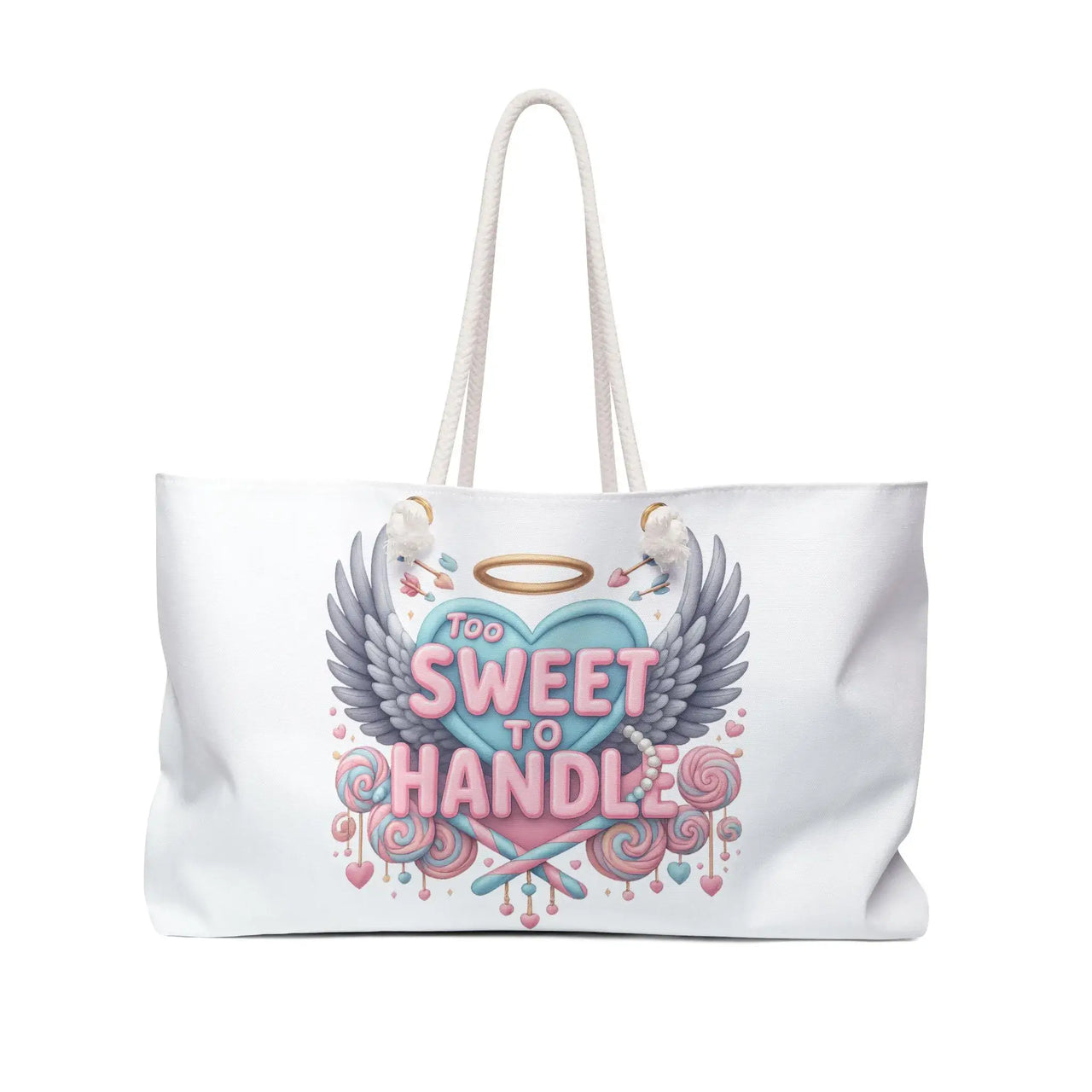 White tote bag with a colorful design featuring a heart, wings, and text on a white background