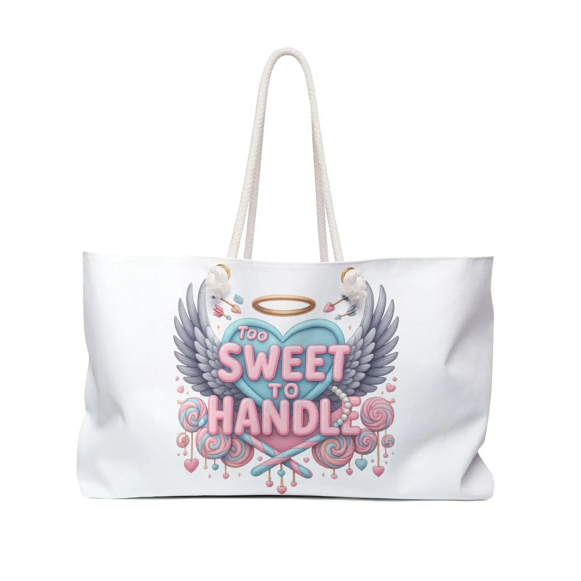 White tote bag with a colorful design featuring a heart, wings, and text on a white background