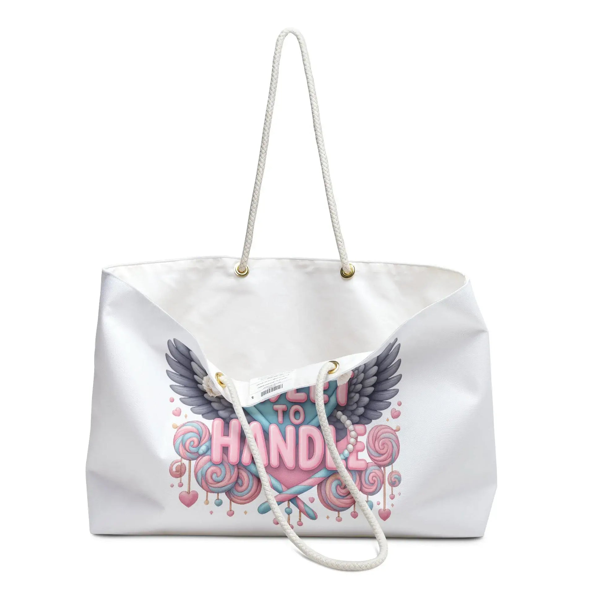 White tote bag with pink and blue design and text on a white background