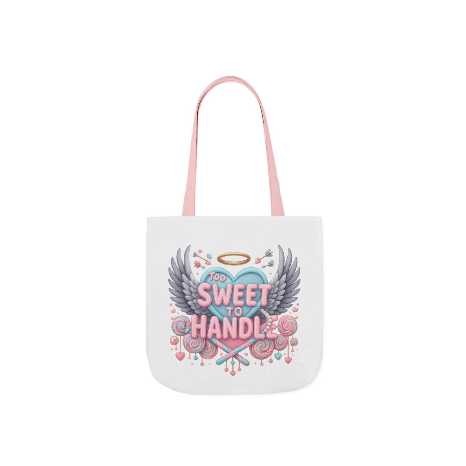 White tote bag with pink handle featuring a heart design and text on a white background