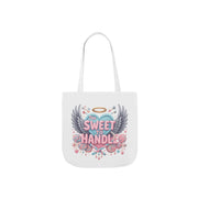 White tote bag with colorful design and text on a white background