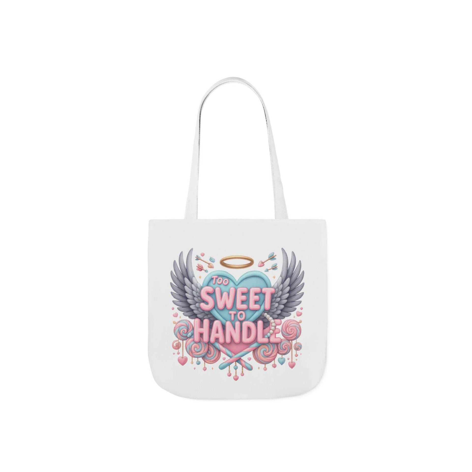 White tote bag with colorful design and text on a white background