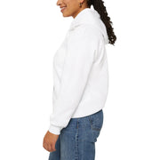 Person wearing a white hoodie and blue jeans on a white background