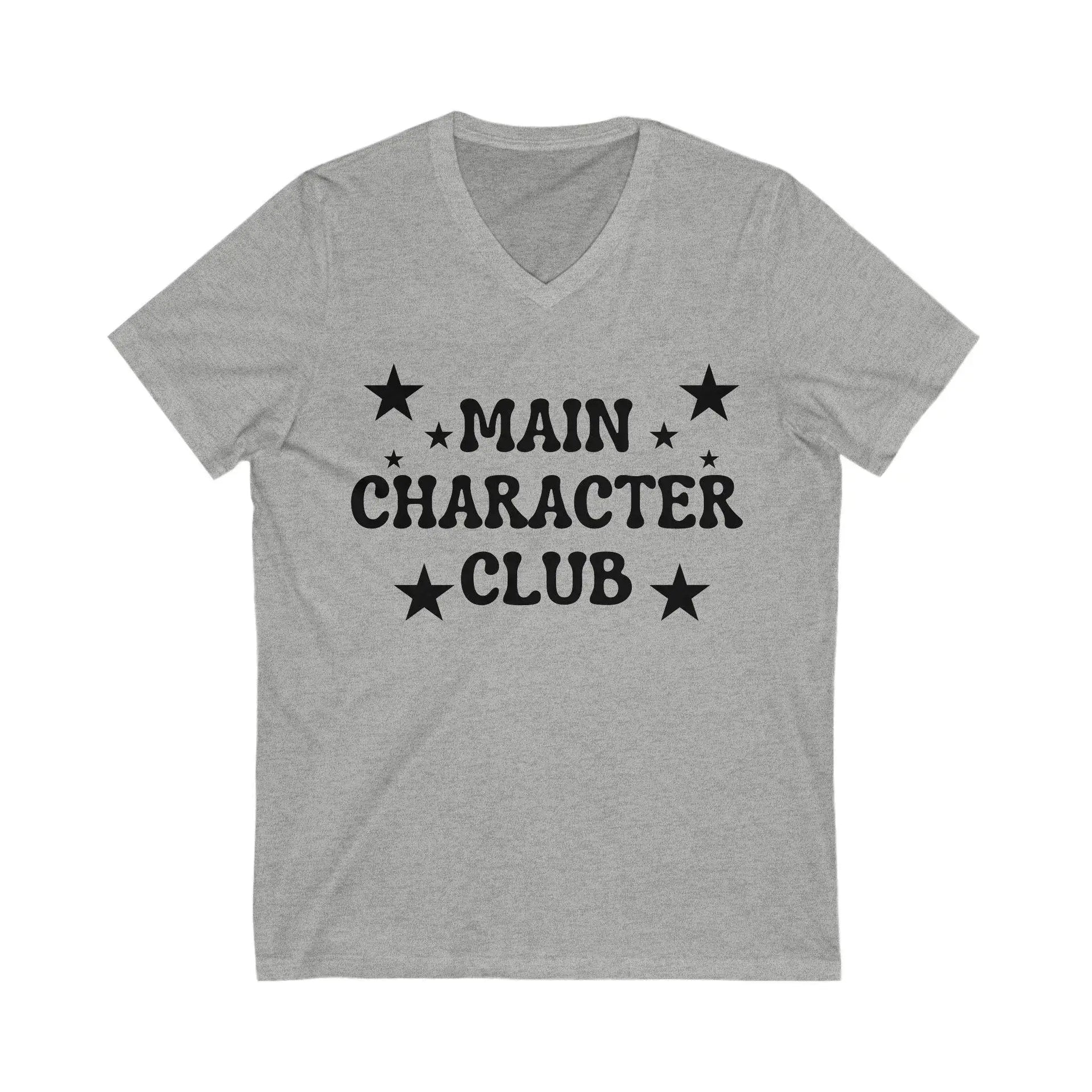 Gray t-shirt with 'Main Character Club' text and stars on a white background
