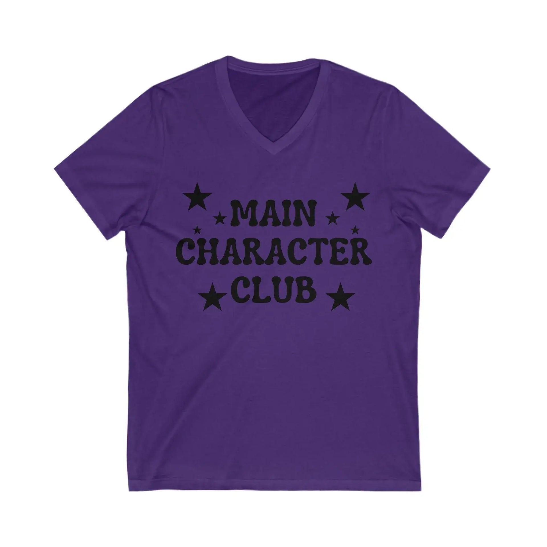 Purple t-shirt with 'Main Character Club' text and stars on a white background
