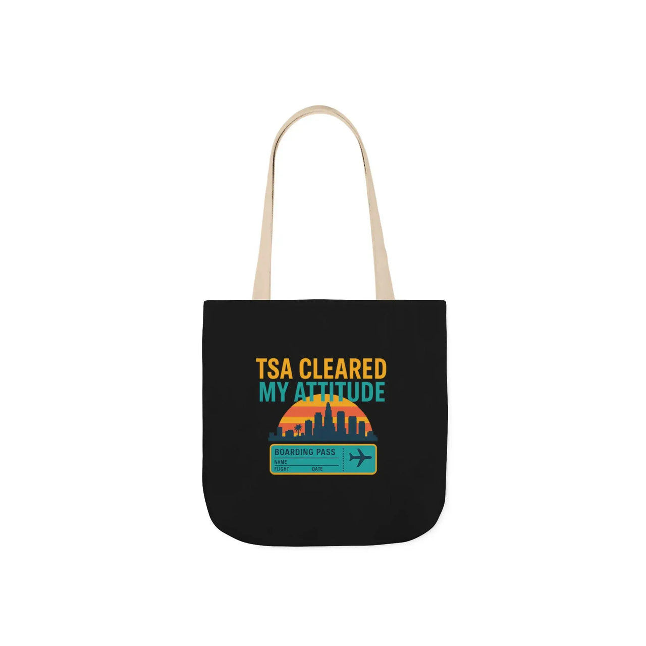 Black tote bag with colorful text and graphics on a white background