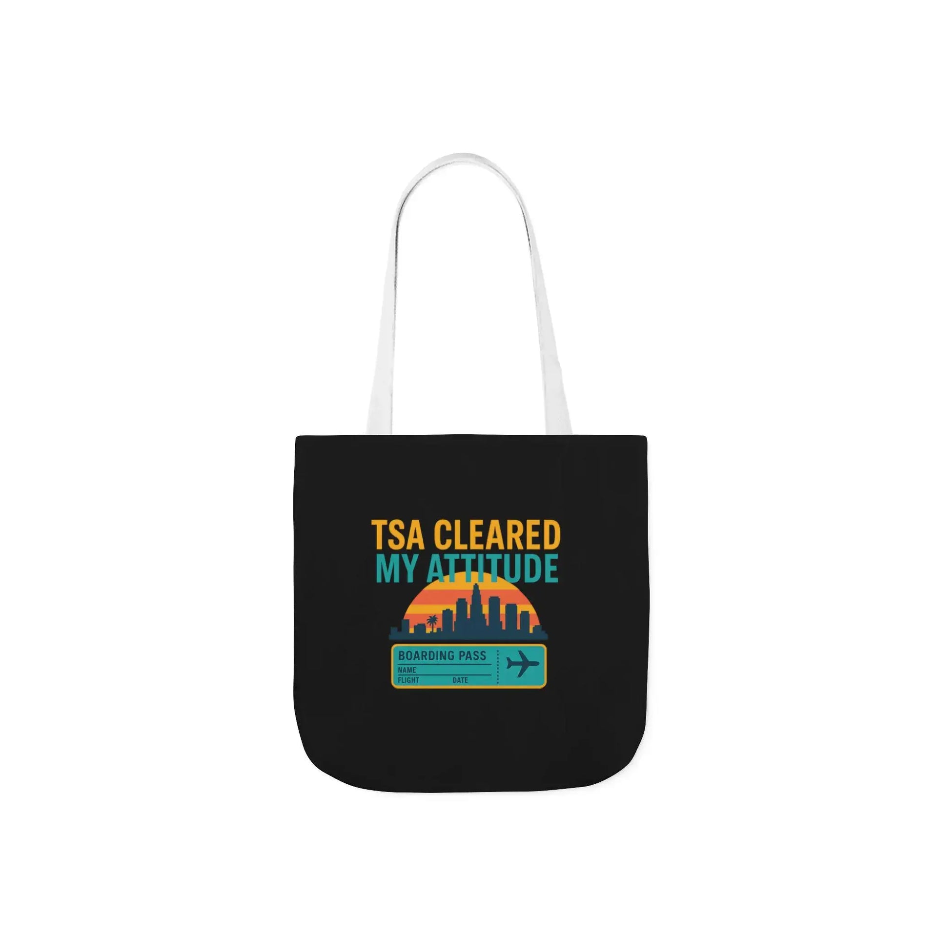 Black tote bag with 'TSA Cleared My Attitude' text and graphic on a white background