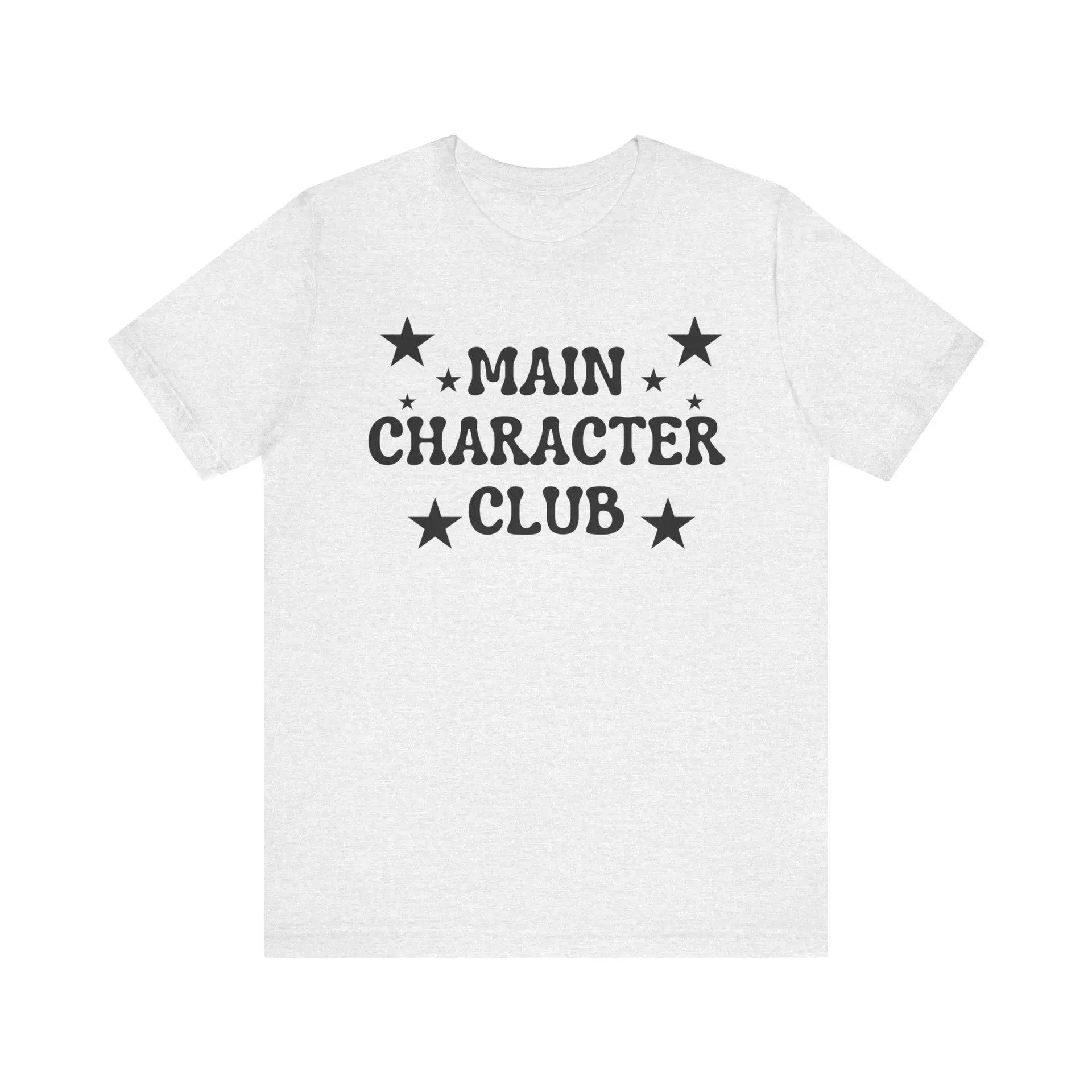 White t-shirt with 'MAIN CHARACTER CLUB' text and stars on a white background