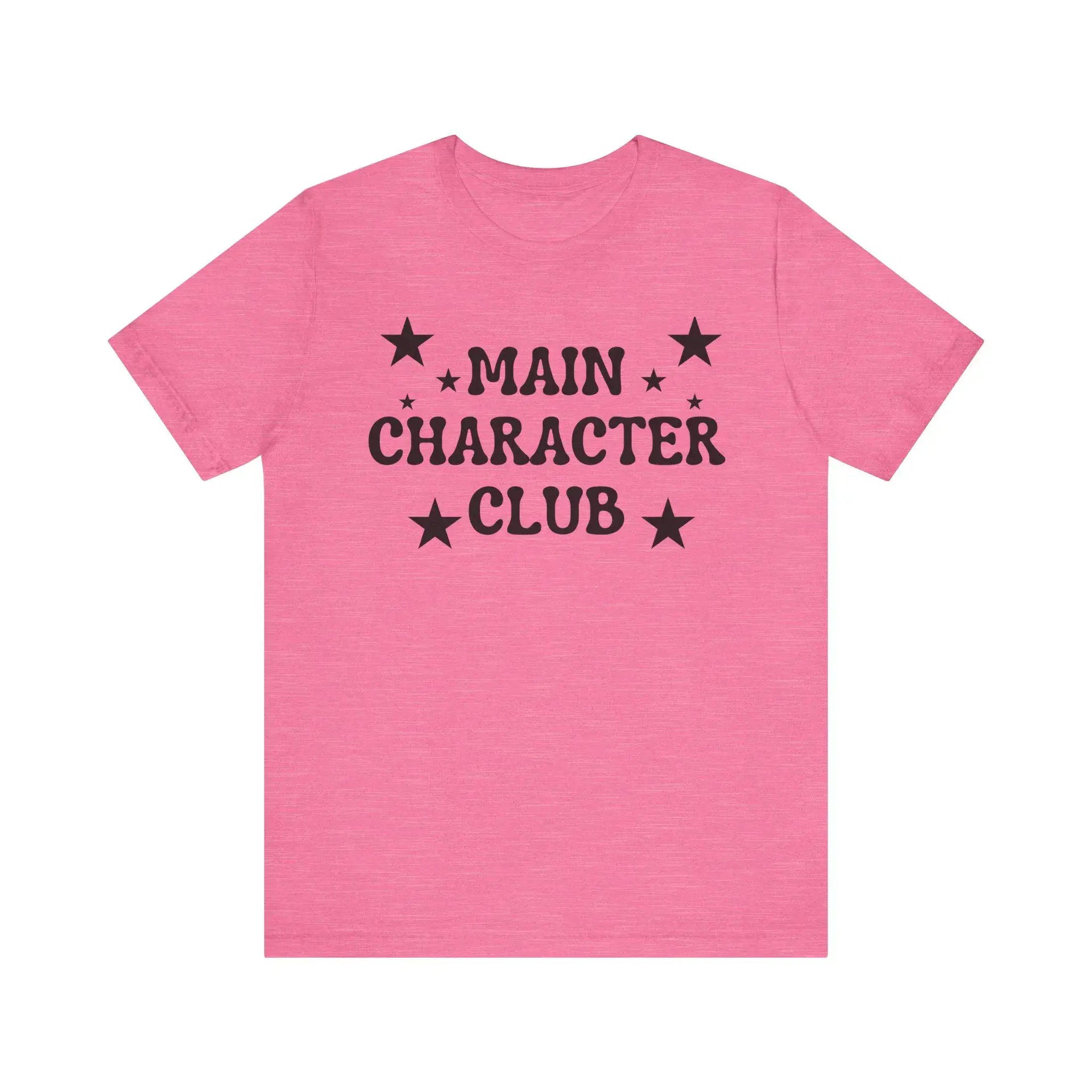 Pink t-shirt with 'MAIN CHARACTER CLUB' text and stars on a white background