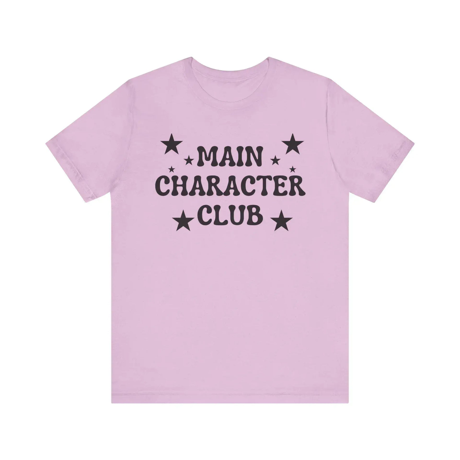 Pink t-shirt with 'Main Character Club' text and stars on a white background
