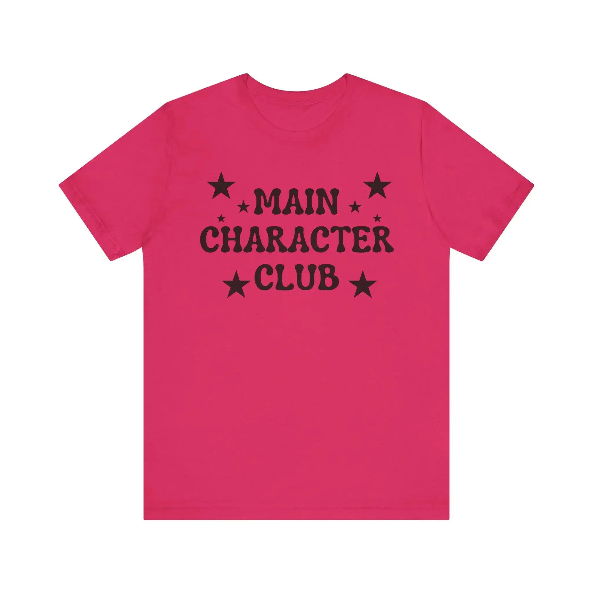 Pink t-shirt with 'MAIN CHARACTER CLUB' text and stars on a white background