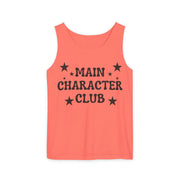 Coral tank top with 'Main Character Club' text and stars on a white background