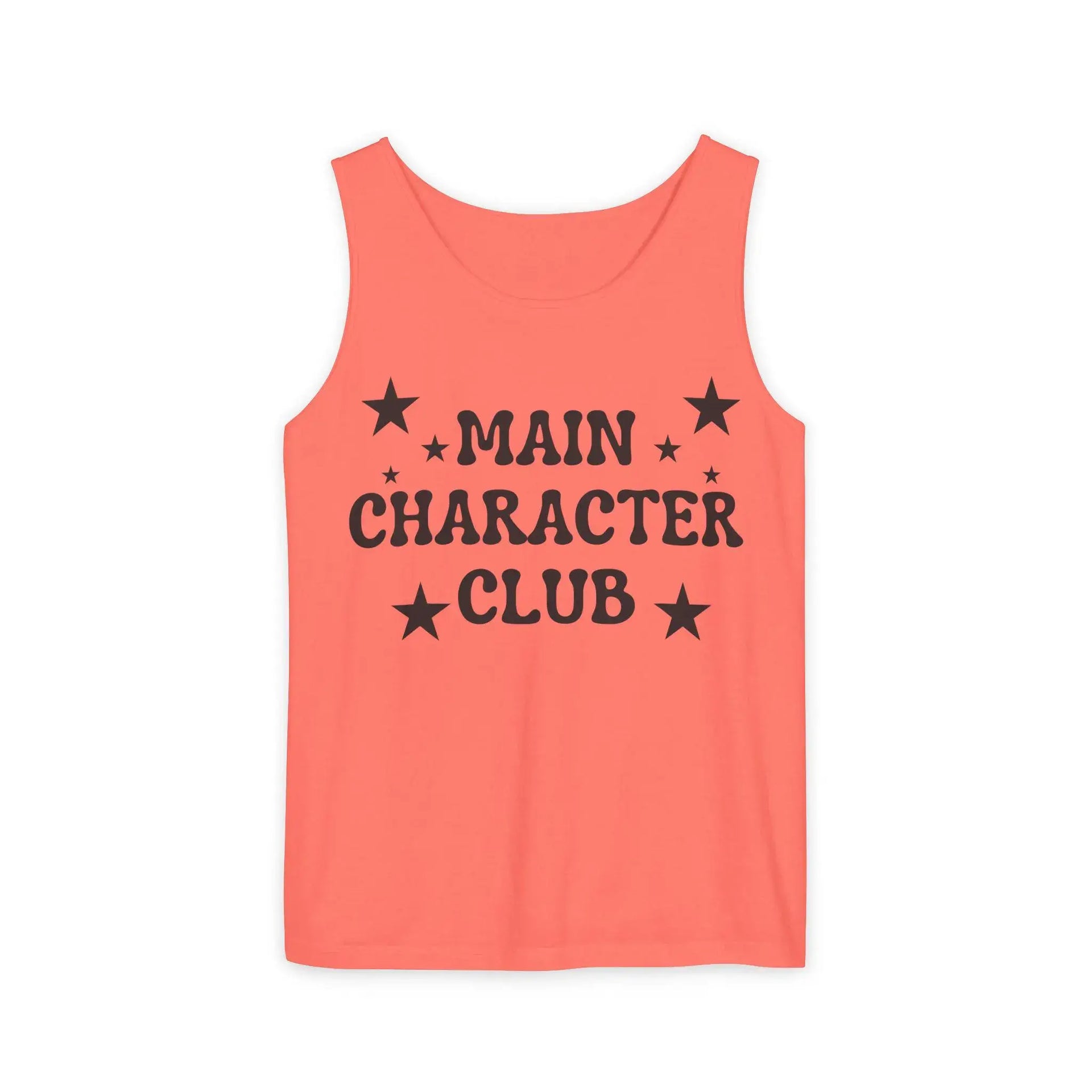 Coral tank top with 'Main Character Club' text and stars on a white background