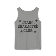 Gray tank top with 'Main Character Club' text and stars on a white background