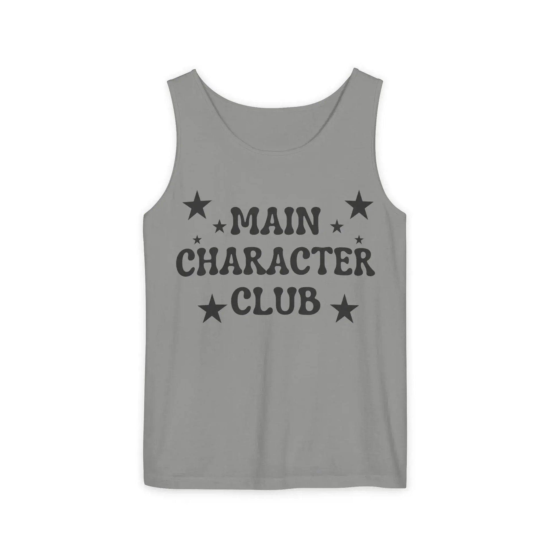 Gray tank top with 'Main Character Club' text and stars on a white background